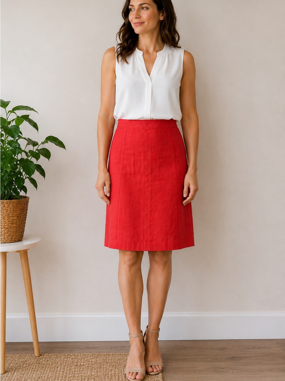 Ann Taylor Women’s Size 8 Red Coral 100% Linen Knee Length Skirt